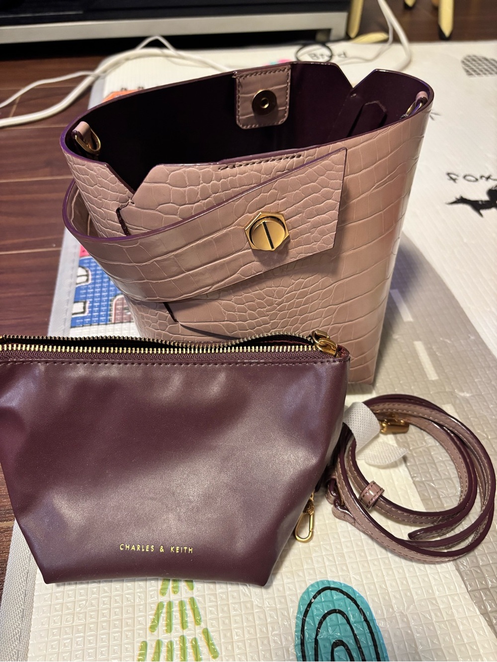 Charles & Keith Deep Plum Tote with Gold Hardware